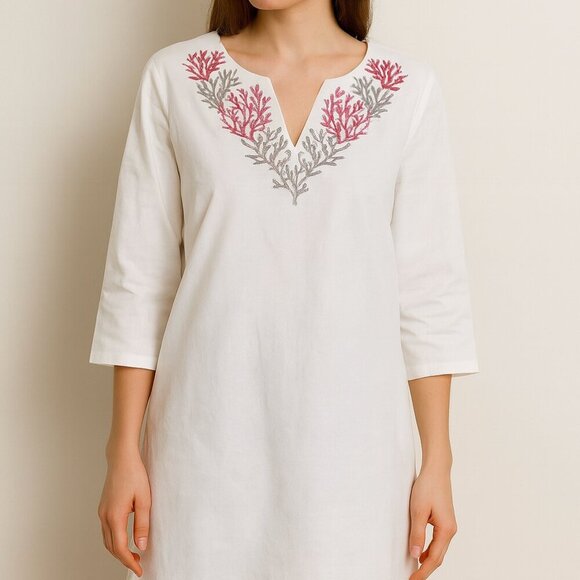 Talbots Women's Beaded V Neck Coral Tree Tunic Breezy 3/4 Sleeve Linen Dress S, - Picture 8 of 8